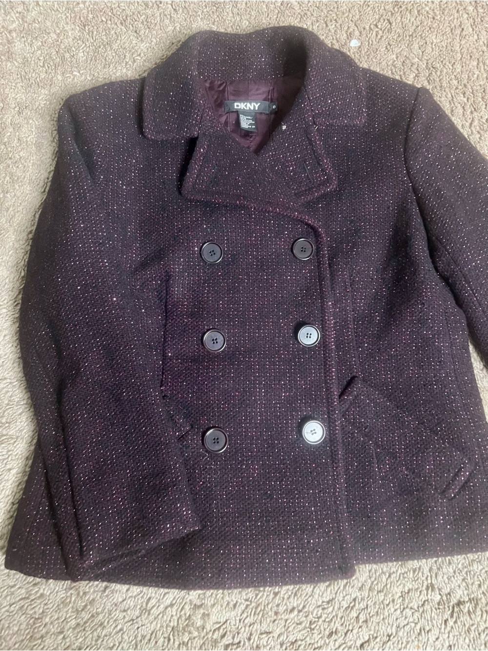 DKNY Women's Sparkle Double-Breasted Peacoat in Plum